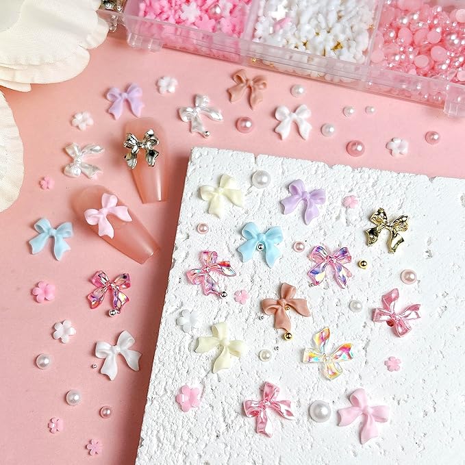 3D Bow Nail Charms Kit, Cute Pink Flowers White Flatback Pearl Charms for Nails, Gold Nail Bows Charms Nails Design for Women Manicure DIY Crafts Art Accessories
