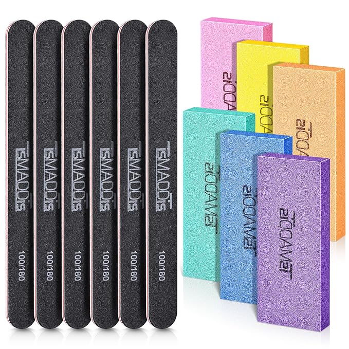 TsMADDTs Nail Files and Buffers Set with 6PCS Rectangular Buffers and 6PCS Black 100 180 Grit Files, Professional Nail Care Tools Kit for Women and Girls