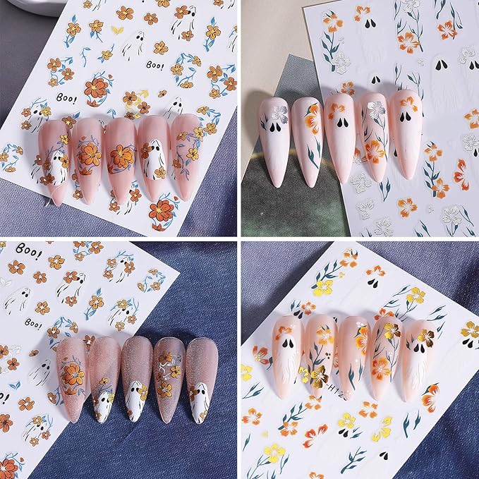 8 Sheets Halloween Nail Art Stickers Decals Halloween Cute Ghost Flower Nail Stickers Gold and Silver Hibiscus Flowers Designs Nail Decals for Women Girls DIY Manicure Decorations