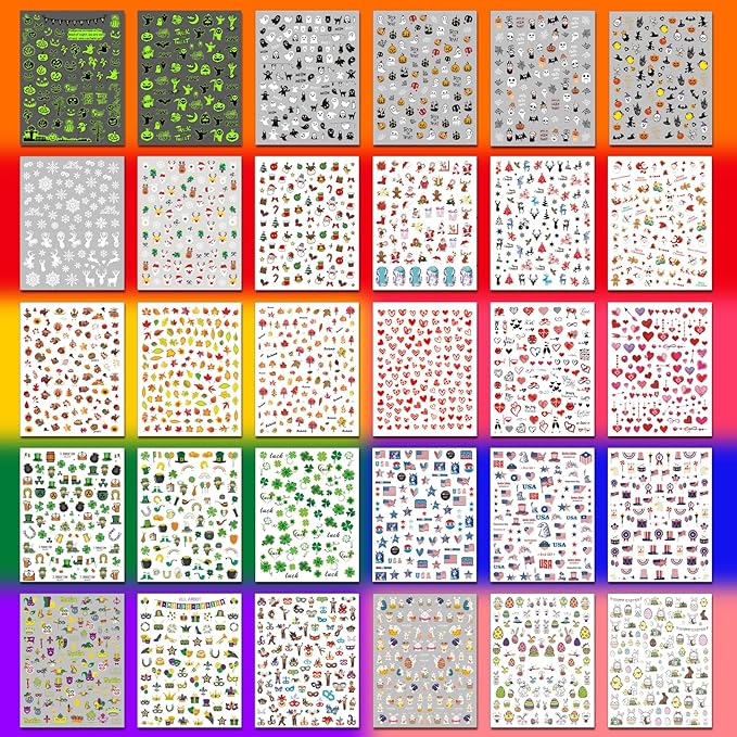 30 Sheets 8 Holiday Nail Art Stickers, Variety Pack All Season Nail Decals for All Year, Self-Adhesive Pegatinas Uñas 4th of July Halloween Fall Christmas Valentine St. Patrick's