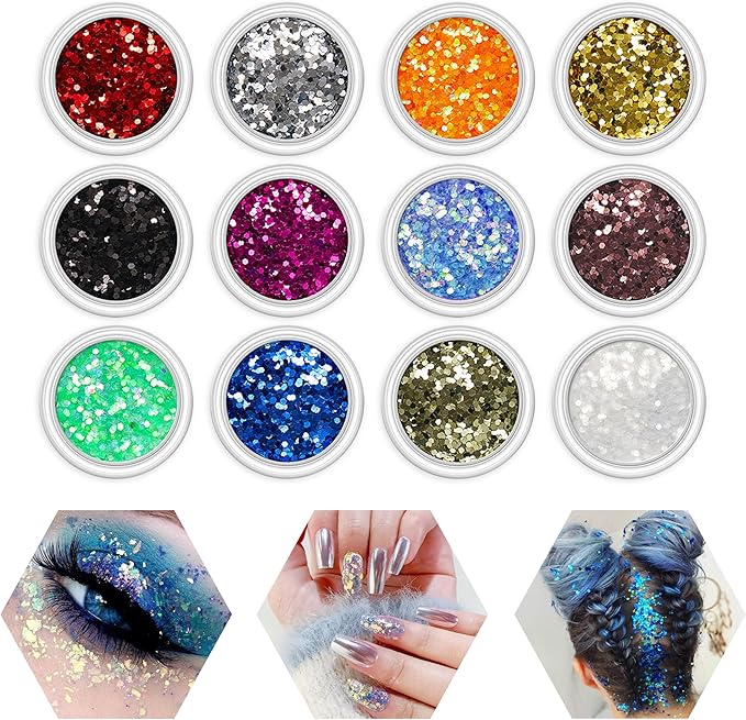 12Colour Nail Glitter for Dazzling Nail Art Professional Quality Glitter for Nail Designs Body Glitter Appropriate for DIY NailDecorations