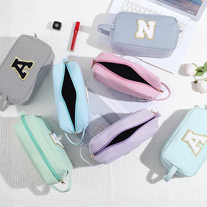 YOOLIFE Initial Makeup Bag for Women - Monogram Cute Blue Makeup Bags Cosmetic Toiletry Pouch Make Up Case for Women Her Best Friend Friendship Sister Teacher, Personalized Birthday Gifts for Women J