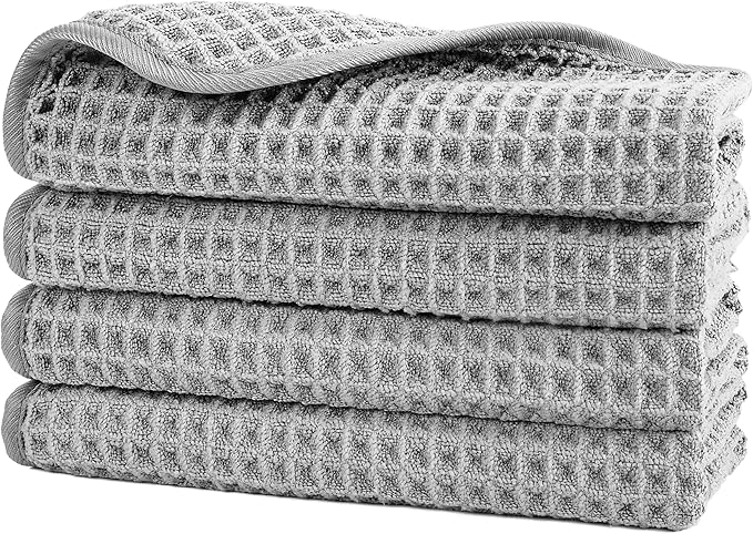 POLYTE Microfiber Lint Free Washcloth Face Towel, 13 x 13 in, 4 Pack (Waffle Weave)