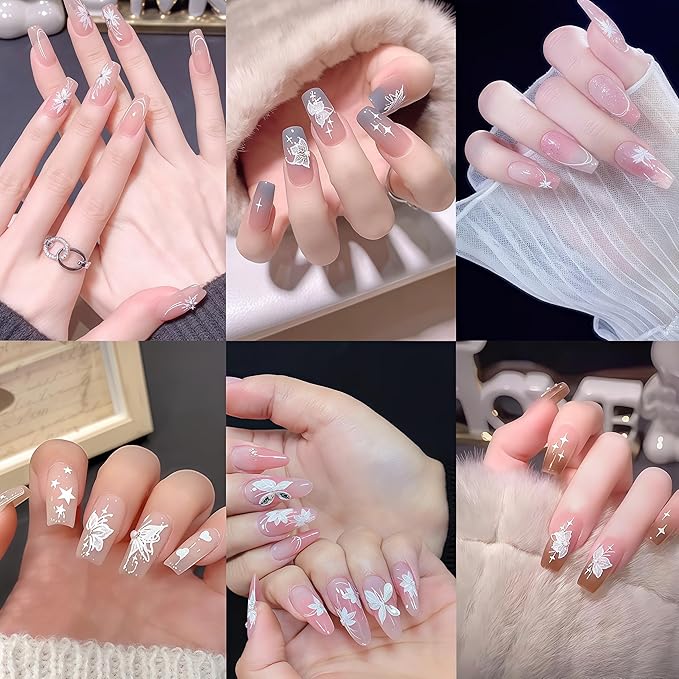 2 Sheets Green White Snow Mowing Flower Nail Art Stickers 5D Embossed Self-Adhesive Pearl Flower Stickers White Feather Lace Design Suitable for Ladies Girls Nail Art Decoration