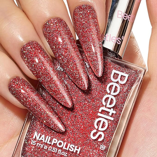 Beetles Red Nail Polish, Quick Dry Nail Polish, 1Pcs 15ml Glitter Sparkle Burgundy Red Nail Polish Fast Drying & Long Lasting Spring Valentines Nail Polish Salon DIY at Home