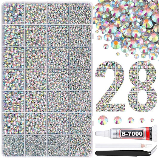 30000Pcs Resin Rhinestones for Bedazzling with B7000 Jewelry Glue, AB Flatback Gems Rhinestones for Crafting, Clothing Tumblers Mugs Shoes Fabric Decor Nail Art