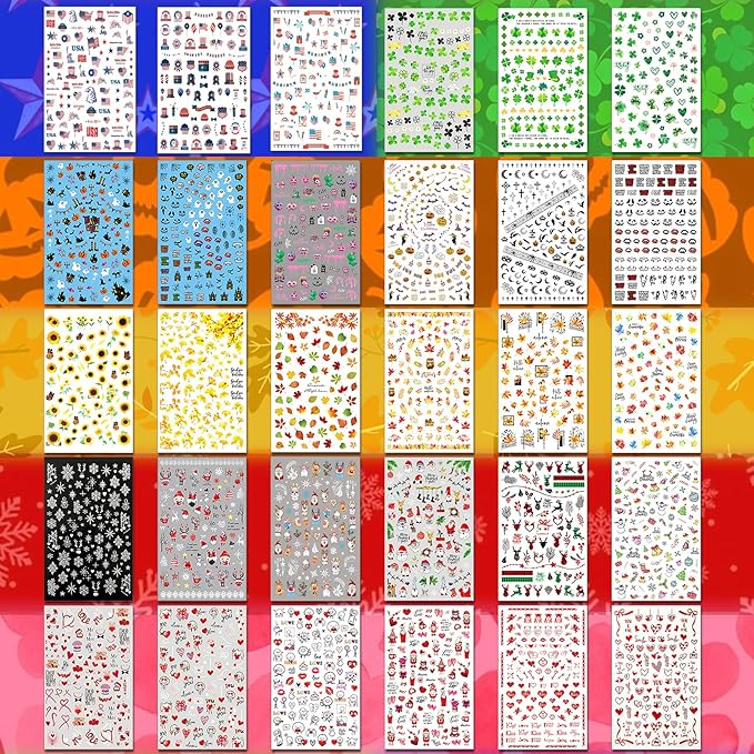 30 Sheets All Holiday Nail Art Stickers, Variety Pack Seasonal Nail Decals for All Year, Self-Adhesive Pegatinas Uñas St. Patrick's Independence Day Halloween Fall Christmas Heart Design