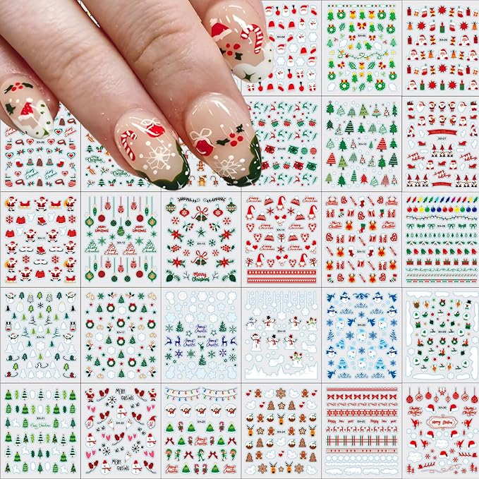 30 Sheets Christmas Nail Stickers Snowflake Snowman Nail Decals 3D Self-Adhesive Elk Gingerbread Man Design Winter Nails Art Stickers for Women Holiday Manicure DIY