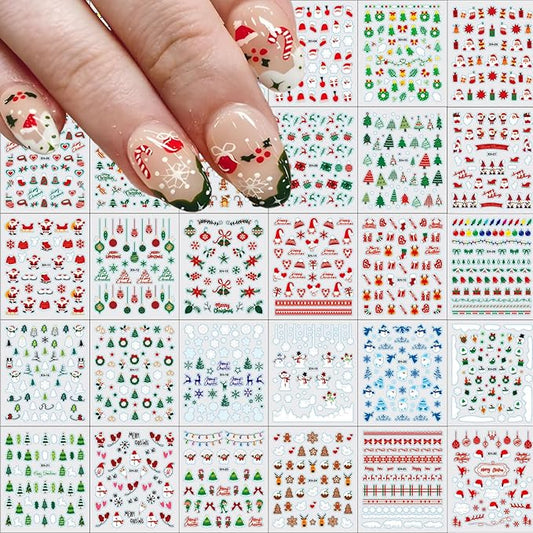 30 Sheets Christmas Nail Stickers Snowflake Snowman Nail Decals 3D Self-Adhesive Elk Gingerbread Man Design Winter Nails Art Stickers for Women Holiday Manicure DIY
