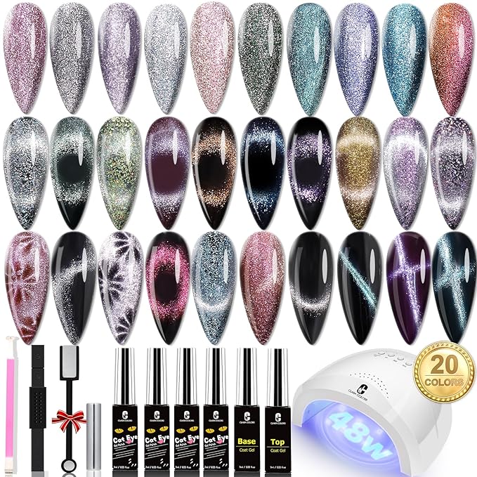 Clara Colors Cat Eye Gel Nail Polish Set, 20 Colors Holographic Galaxy Series Magnetic Nail Polish with Magnets Base Top Coat Gel Cat Eye Nail Polish for Professional Nail Salon or DIY at Home