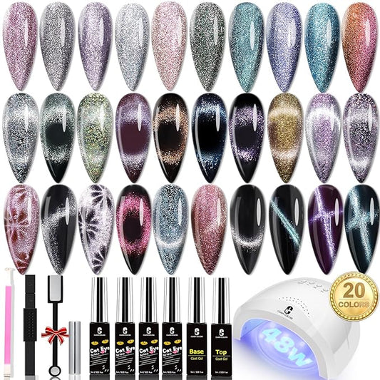 Clara Colors Cat Eye Gel Nail Polish Set, 20 Colors Holographic Galaxy Series Magnetic Nail Polish with Magnets Base Top Coat Gel Cat Eye Nail Polish for Professional Nail Salon or DIY at Home