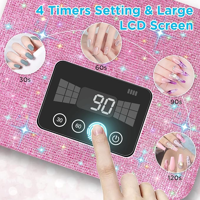 Aedavey Cordless UV Nail Lamp, Rechargeable UV Light for Gel Nails, LED Nail Lamp with 4 Timer Modes, Gel Nail UV Light Decorate with Sparkling Nail Rhinestones