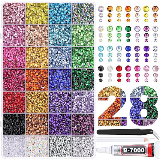 30000Pcs Resin Rhinestones for Crafting, Multicolor 2/3/4mm Flacktback Gems with 1Pcs B7000 Jewelry Glue, Bedazzling Crystal for DIY Crafts Clothing Tumblers Mugs Shoes Fabric Nail Art