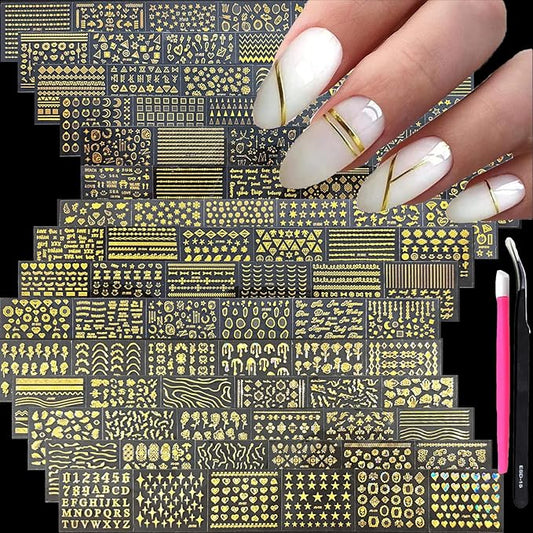 90 Sheets Gold Nail Art Stickers: Star Heart Flower Line, 3D Self-Adhesive Nail Decals for Women's Nail Decoration with Tweezer