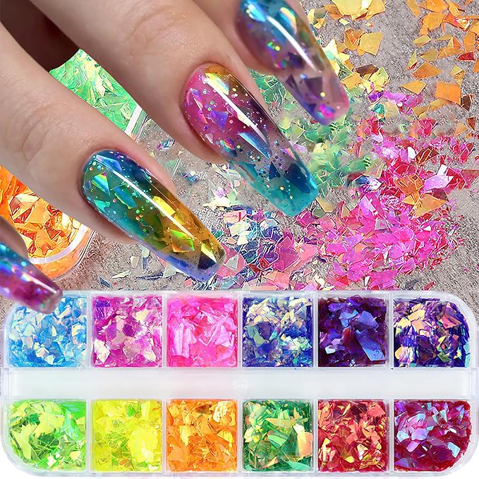 12-Grid Colorful Holographic Mermaid Nail Art Glitter Gradient Colorful ice slag Nail Sequins Irregular Candy Color Summer Metal foil DIY Nail Art Decoration