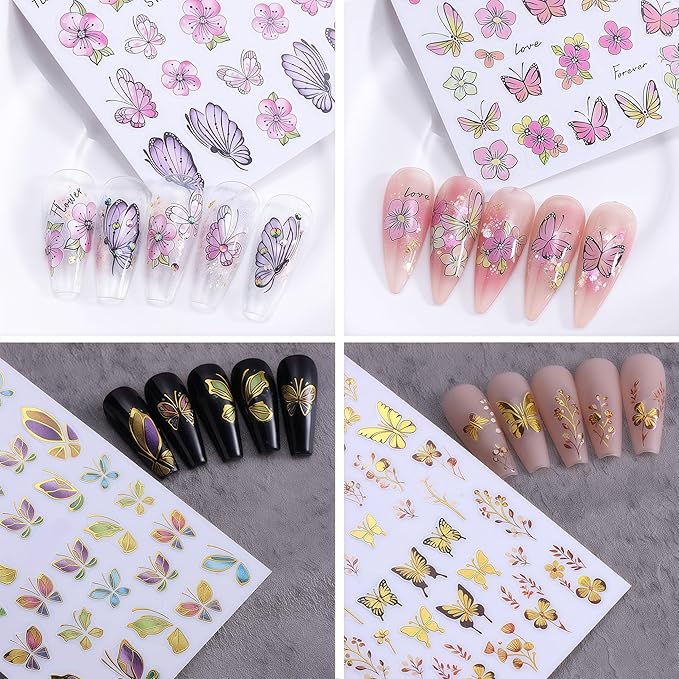 8 Sheets Gold Edge Butterfly Nail Stickers 3D Self Adhesive Holographic Colorful Butterfly Cherry Blossoms Decals Spring Glitter Gold Flower Design Supplies for Women Girls Manicure Decoration