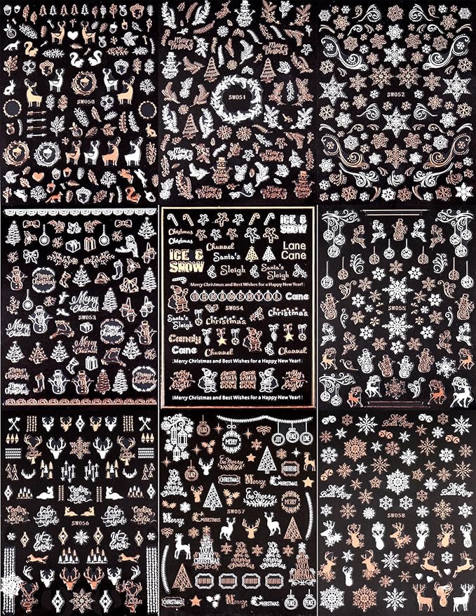 9 Sheets Christmas Nail Art Stickers Decals Self-Adhesive Pegatinas Uñas Rose Gold Snowflake Tree Winter Nail Supplies Nail Art Design Decoration Accessories