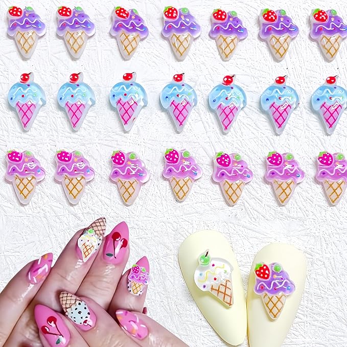 1 Box Kawaii Nail Charms Cartoon Ice Cream Nail Rhinestones 3D Flat Back Stones Summer Nail Gems Strawberry Head Ice Cream Rhinestones for Nails Mini Glass Gems Jewelry for Crafts Nail Accessories