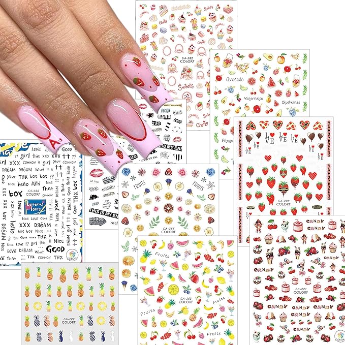9 Sheets Fruits Nail Stickers for Girls,Spring Nail Decals 3D Self-Adhesive Summer Nail Stickers for Nail Art,Text Fragments Design Holiday Nail Decals for Women