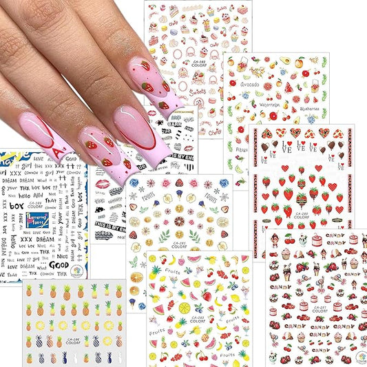 9 Sheets Fruits Nail Stickers for Girls,Spring Nail Decals 3D Self-Adhesive Summer Nail Stickers for Nail Art,Text Fragments Design Holiday Nail Decals for Women