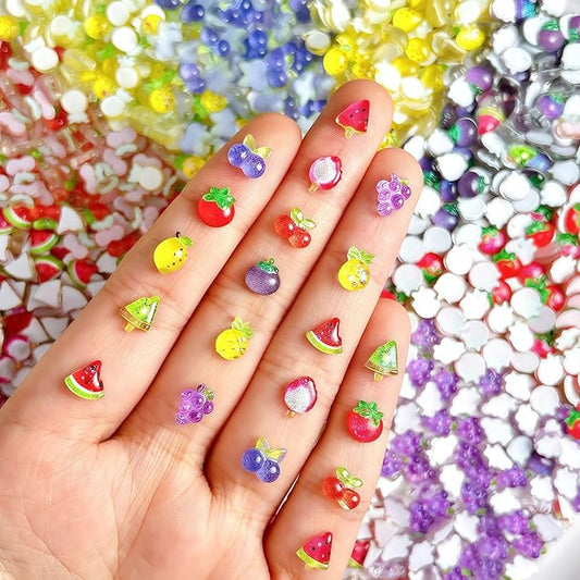 100PCS Resin Fruit Nail Art Charms 3D Kawaii Strawberry Nail Charms Assorted Cherry Lemon Grapes Peach Banana Watermelon Summer Flatback Nail Rhinestones for DIY Craft Nail Art Decoration