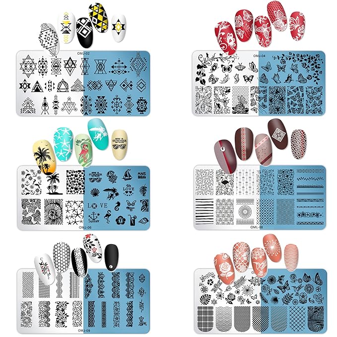 AddFavor Nail Stamper Kit 6pcs Flower Lace Nail Art Stamping Plate Butterfly Leaf Geometry Template with Silicone Nail Stamper and Scraper for Women Girls DIY Fingernail Manicure Stencils Tools