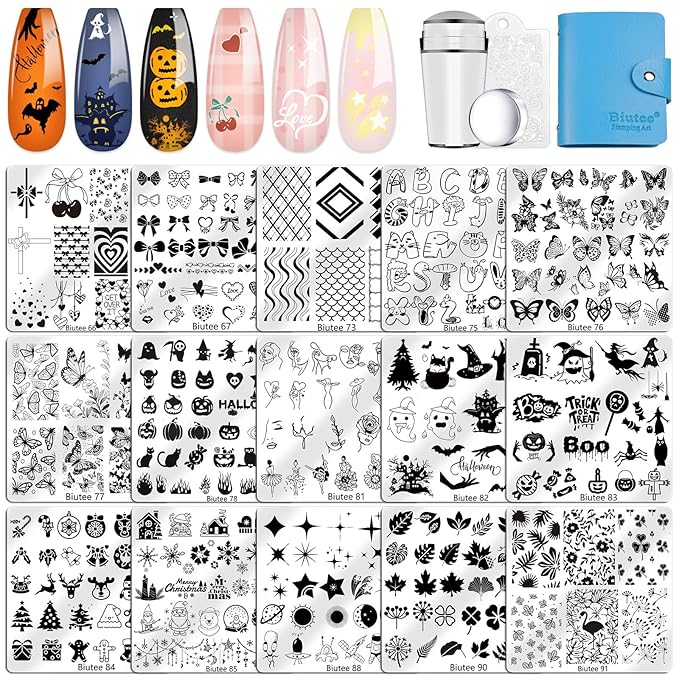 Biutee Nail Stamping Plate 15PCS Nail Stamper Kit Nail Art Stamping Plates Set with Nail Stamper, Scraper & Storage Bag, Nail Stamping Kit Star Bowknot Love Butterfly Leaf Halloween Design Template