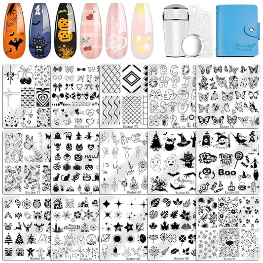 Biutee Nail Stamping Plate 15PCS Nail Stamper Kit Nail Art Stamping Plates Set with Nail Stamper, Scraper & Storage Bag, Nail Stamping Kit Star Bowknot Love Butterfly Leaf Halloween Design Template