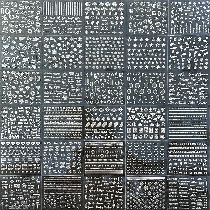 30 Sheets Silver Nail Art Stickers 3D Self Adhesive Sliver Line Nail Decals Silver Nail Sticker for Nail Art Silver Heart Star Nail Art Supplies Silver Nail Design for Acrylic Nails for Women Girls