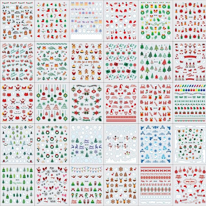 30 Sheets Christmas Nail Stickers 3D Self Adhesive Red Santa Claus Nail Decal for Nail Art Green Christmas Tree Nail Art Stickers Christmas Nail Art Supplies for Women Girls DIY Manicure Decorations