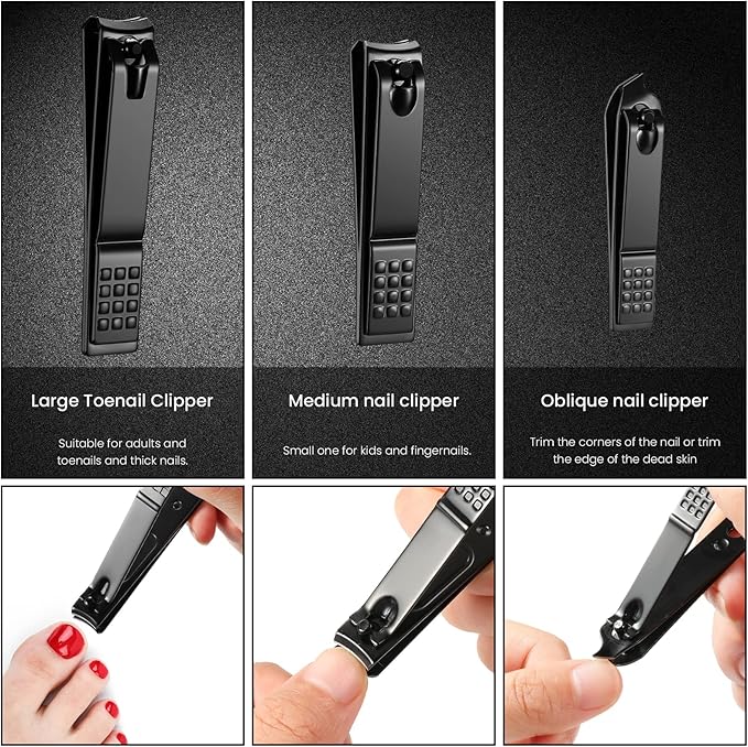 3PCS Professional Nail Clippers, Toenail Clippers and Fingernails, Black Nail Cutter, Sharpest Thick Toenail & Ingrown Nail Clipper Set, Best Travel and Home Use Nail Clipper for Men and Women