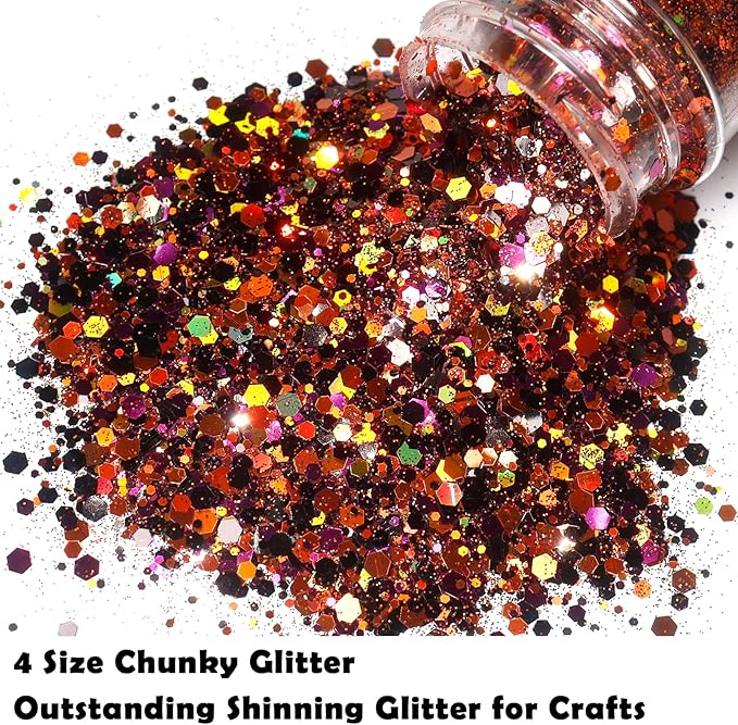 Renfio Orange Purple Black Chunky Glitter,Mixed Holographic Glitter for Helloween,1.76oz/50g Iridescent Hexagon Sequin for Snowglobe Tumbler,Resin,Craft,Nail,Face,Hair,Festival Decor,Ornament