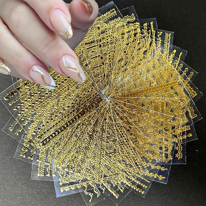 30 Sheets Gold Line Nail Art Stickers Gold Lace Nail Stickers 3D Self-Adhesive Gold Nail Decals Acrylic Nails DIY Design Nail Supplies for Women