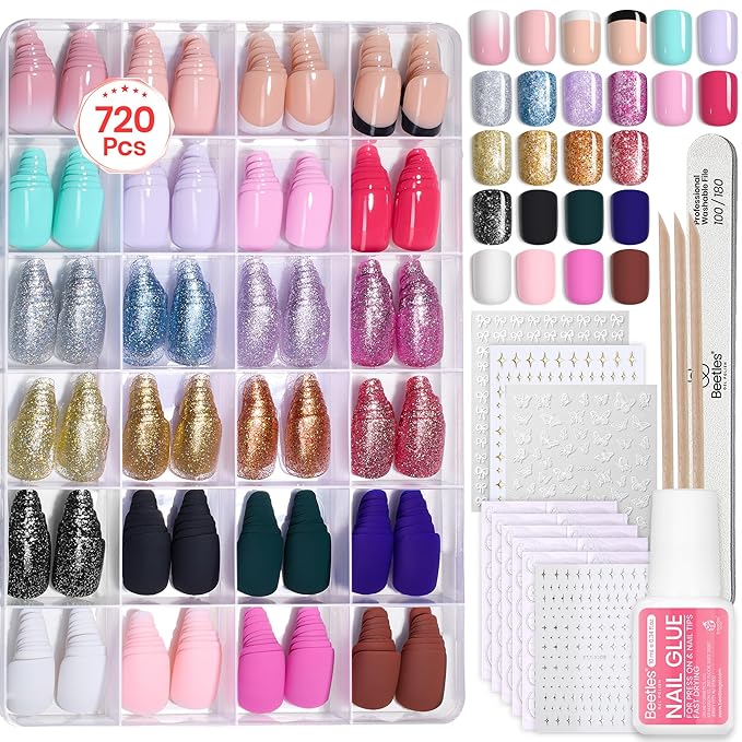 Beetles Press On Nails Kit - Prism Pop | 720Pcs 24 Colors Short Square Press On Nails | 15 Sizes Glossy Matte Glitter With Nail Glue & Nail Tabs Stickers, Fake Nails Kit Art For Women