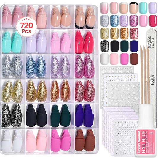 Beetles Press On Nails Kit - Prism Pop | 720Pcs 24 Colors Short Square Press On Nails | 15 Sizes Glossy Matte Glitter With Nail Glue & Nail Tabs Stickers, Fake Nails Kit Art For Women