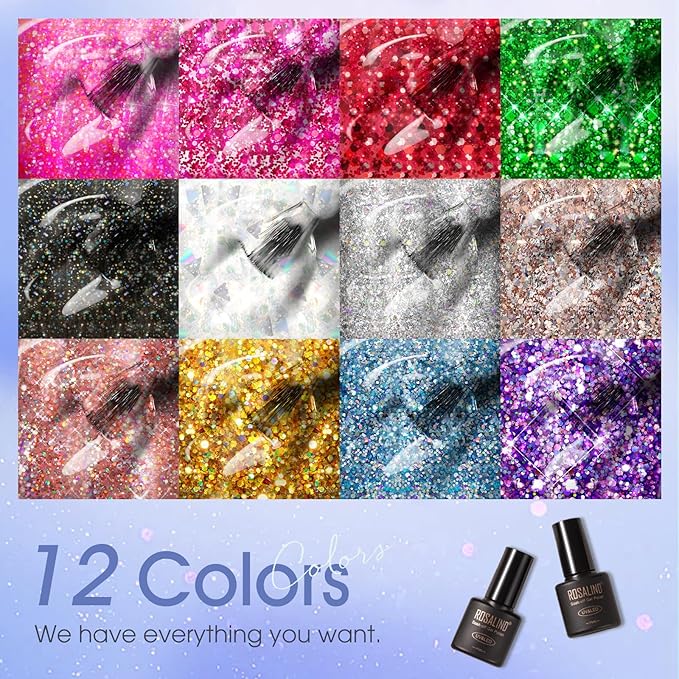 ROSALIND 12 Color Glitter Gel Nail Polish Set, Gold Hot Pink Silver Sparkly Shiny Pink Red Gel Nail Polish for Nail Art Gift
