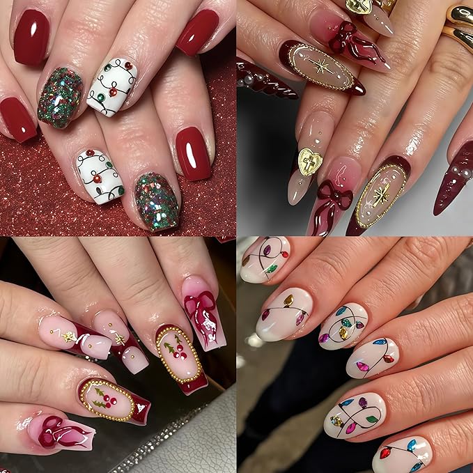 4 Sheets Christmas Nail Art Stickers 5D Embossed Winter Nails Decals Red Gold Heart Bow Nail Stickers Gold Circle Cherry Xmas Nails Design Winter Nail Supplies for Women Acrylic Manicure Decorations
