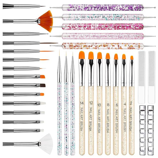 MYR 34Pcs Nail Art Brushes, Nail Art Brush Set, Nail Art Tools, including Nail Design Brushes, Nail Dotting Tool, Nail Drawing Pens, Nail Brush Brackets, Nail Nano Polishing Rubs