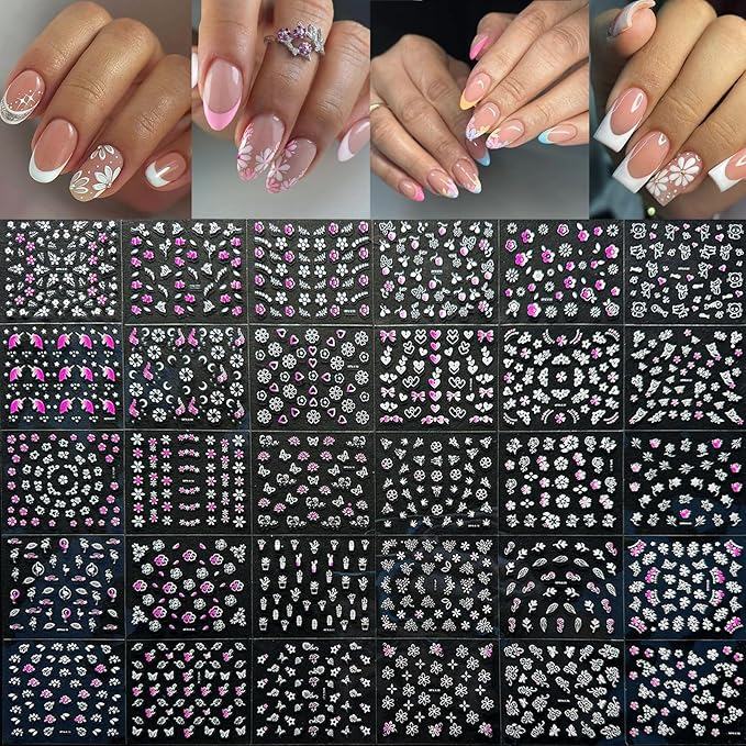 30 Sheets Flower Nail Art Stickers Pink White Flower Nail Stickers 3D Self Adhesive Cute Daisy Floral Nail Decals Nail Supplies Nail Art Design Decoration Accessories for Women Girls