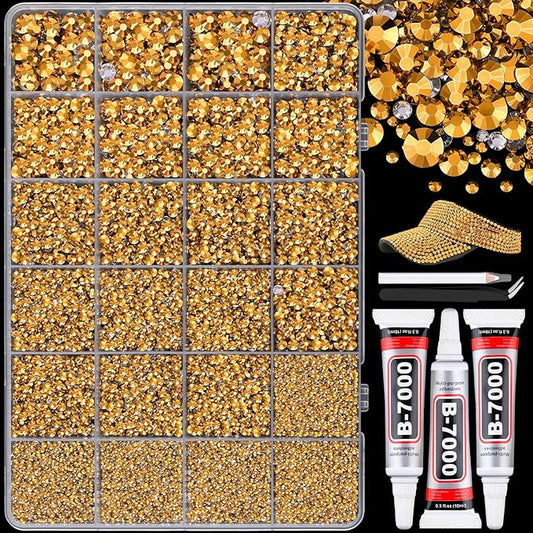 25000Pcs Resin Rhinestones with B7000 Jewelry Glue for Crafting, Copper Gold 2-6mm Non Hotfix Flatback Gems, Bedazzling Crystal for DIY Crafts Clothing Tumblers Mugs Shoes Fabric Nail Art