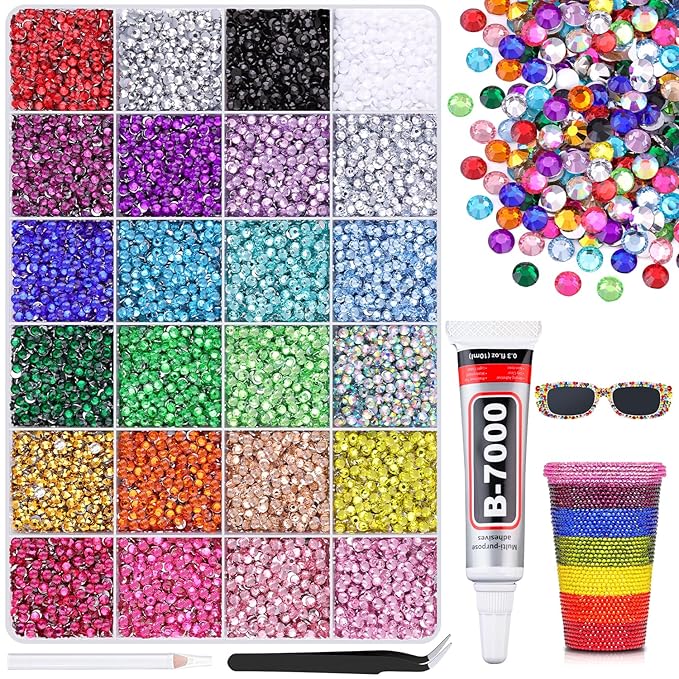 24000Pcs Resin Rhinestones with 1Pcs B7000 Jewelry Glue for Crafting, Multicolors 3mm Non Hotfix Flatback Gems, Bedazzling Crystal for DIY Crafts Clothing Tumblers Mugs Shoes Fabric Decor Nail Art