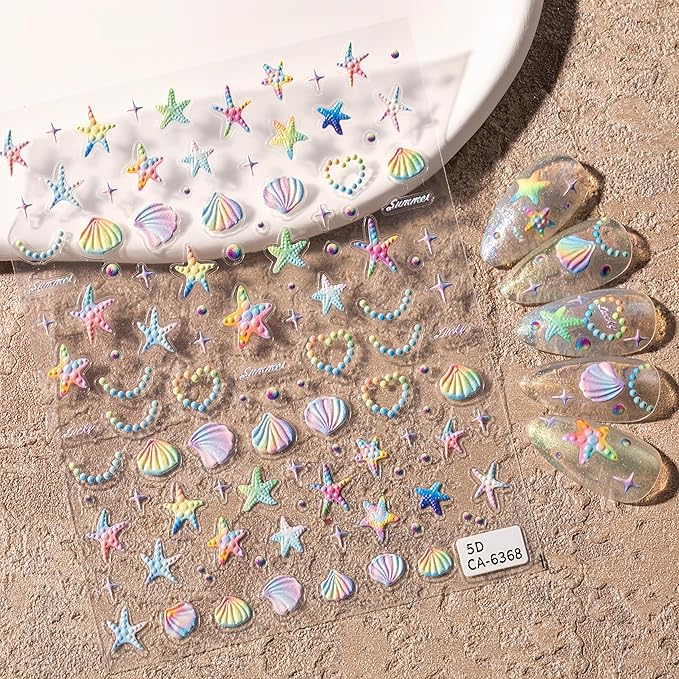 2 Sheets 5D Embossed Seashell Starfish Nail Art Stickers Summer Ocean Nail Stickers Colorful Fantasy Ocean Nail Stickers Shell Pearl Jelly Star Starfish Nail Supplies for Women Nail Decorations