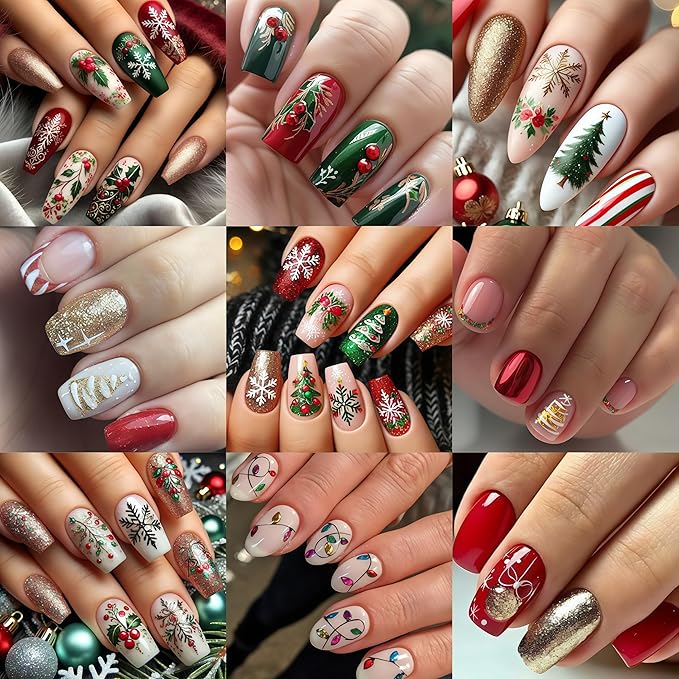 6 Pcs Christmas Nail Art Stickers 3D Self-Adhesive Colorful Light String Design Nail Decals Gold Glitter Christmas Tree Snowball Elk Holly Leaf Nail Supplies DIY Christmas Nail Decoration for Women