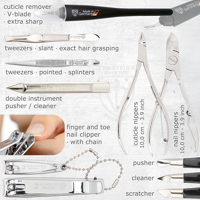 3 Swords Germany - brand quality 16 piece manicure pedicure grooming kit set for professional finger & toe nail care scissors clipper black synthetic leather case, Made in Germany