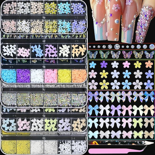HNUIX Nail Art Charms - 3D Multiple Shapes Size, Flatback Rhinestones and Gems, Pearls, Butterfly, Bow, Flowers, Caviar Beads, with Kit, 6 Boxes, for Nail Art