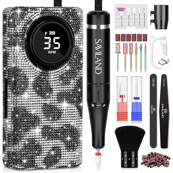 SAVILAND Acrylic Nail Drill Machine: 2024 Latest Collection Diamond Shiny Nail Drill Professional E-File Rechargeable Electric Filer Acrylic Removal Ceramic Bits Expert Salon Use Manicure Pedicure