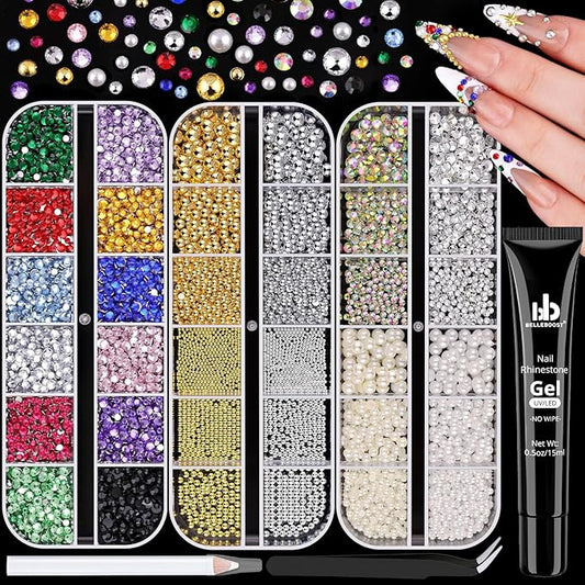10000Pcs Nail Gems and Rhinestones for Nail Art with Rhinestone Glue, Flatback Nail Pearls and Caviar Nail Beads(Silver+Gold, Colorful Rhinestones Bedazzling Gems Pearl Nail Charms for Nail Design