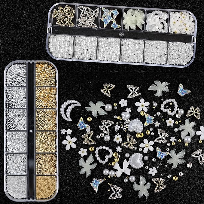 Nail Art Charms with Rhinestones Glue Gel White Flatback Pearls Flower Butterfly Nail Gems Supplies Accessories Gold Silver Nails Decoration Pearls for Women Nails Design