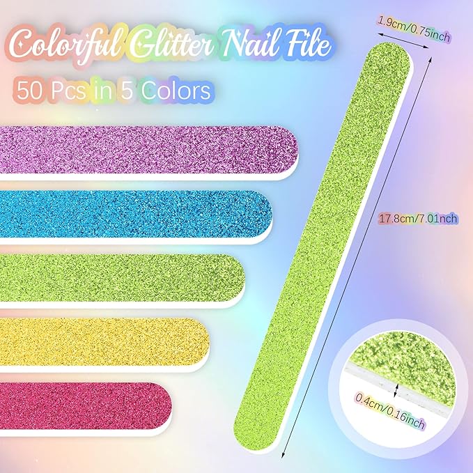 Mixweer 50 Pieces Glitter Nail File Colorful Strips Nail Bulk, 7.01 x 0.75 Inch Manicure and Pedicure Toenails Buffers, Double Sided Filer for Women Shaping Smoothing Toenails and Fingernails