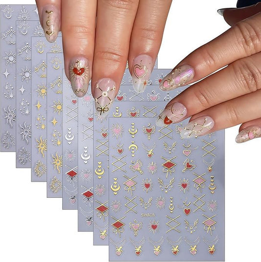8 Sheets Gold and Silver Heart Shape Nail Art Stickers 3D Moon Sun Star Nail Stickers Self-Adhesive Retro Gold and Silver Clouds Little Stars Design Women DIY Nail Manicure Decoration